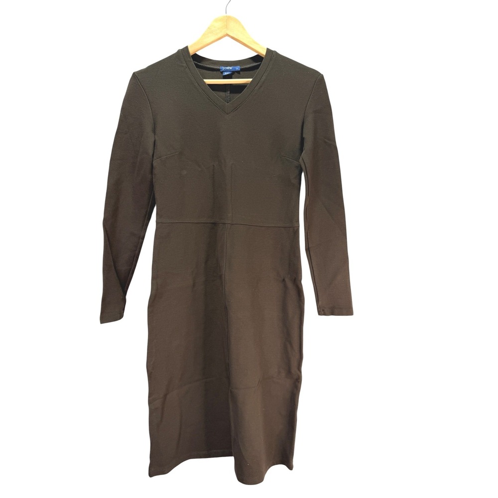 J.Crew Sheath Dress Womens 2 Brown V-Neck Long Sleeve Ponte Knit Dark Academia